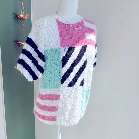 Vintage Sweaters - Vintage 80s Boucle Knit Colorblocked and Striped Short Sleeve Sweater